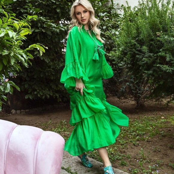 Iris Apfel X H&M MEDIUM Long Flounced Tassels Oversized Green Maxi Dress SMALL